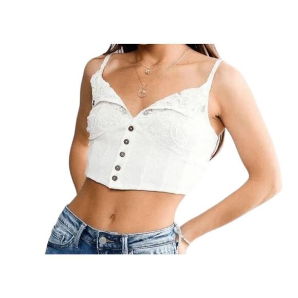 Free People Have My Heart White Corset Crop Button Lace Tank Top, Large - Picture 2 of 5